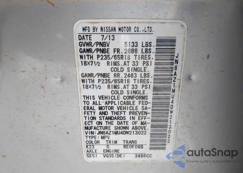 2013 Nissan Murano Sv из США, поврежденный, VIN JN8AZ1MU4DW213022